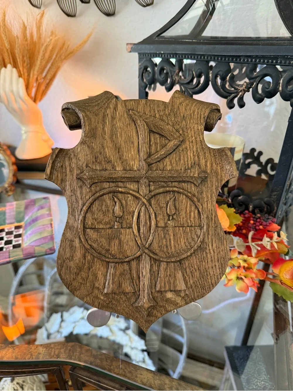 OOAK Vintage Hand-Carved Wood Shield Wall Plaque Wedding Symbols Chi Rho